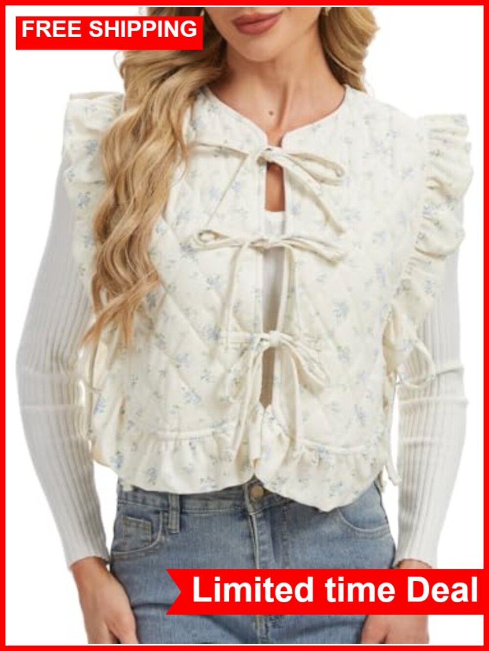 Floral Puffer Vest Sleeveless Quilted Tie Front Ruffle Trim Cottagecore